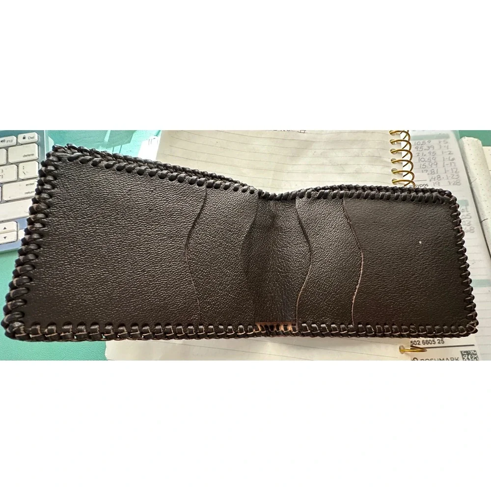 Hand Tooled Leather Bifold Wallet American Eagle Shield Whipstitch‎ Tan Brown